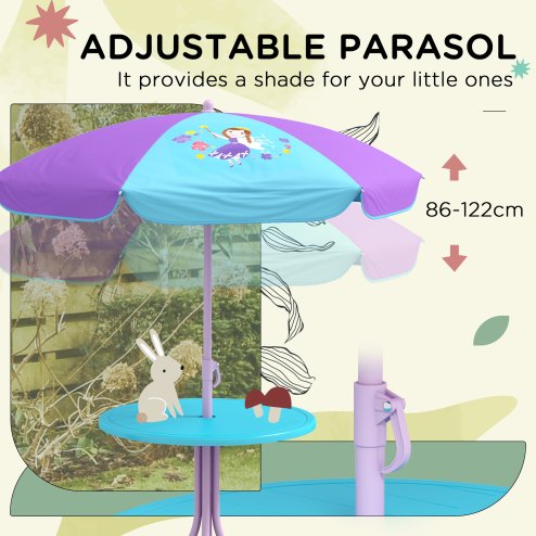 Outsunny Kids Bistro Set Children Table and Chair Set Garden Furniture Fairy Themed 4 Pieces w/ Adjustable Parasol, Foldable Chairs for 2-5 Years - Blue