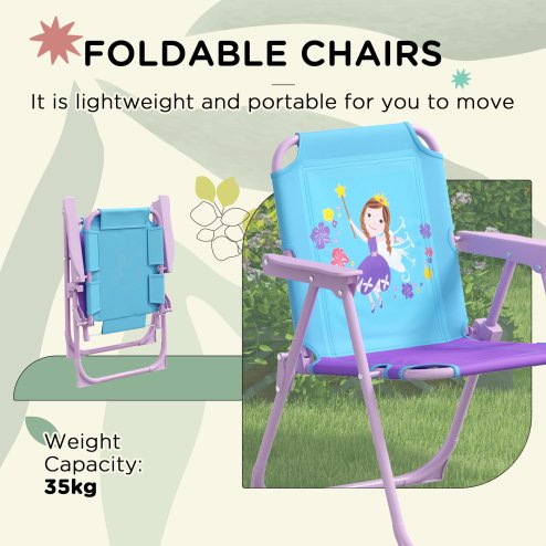 Outsunny Kids Bistro Set Children Table and Chair Set Garden Furniture Fairy Themed 4 Pieces w/ Adjustable Parasol, Foldable Chairs for 2-5 Years - Blue