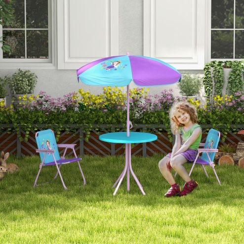 Outsunny Kids Bistro Set Children Table and Chair Set Garden Furniture Fairy Themed 4 Pieces w/ Adjustable Parasol, Foldable Chairs for 2-5 Years - Blue