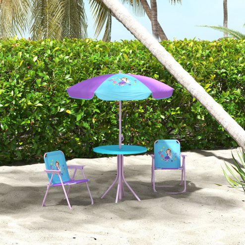 Outsunny Kids Bistro Set Children Table and Chair Set Garden Furniture Fairy Themed 4 Pieces w/ Adjustable Parasol, Foldable Chairs for 2-5 Years - Blue