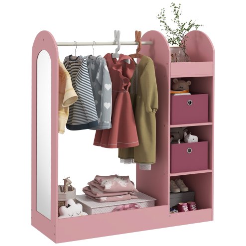 AIYAPLAY Kids Clothes Rail, Kids Dress Up Rail with Storage Shelf, Boxes, Mirror, Kids Wardrobe for Bedroom, Kids Room, Nursery, Pink