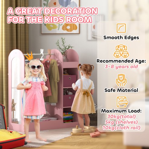 AIYAPLAY Kids Clothes Rail, Kids Dress Up Rail with Storage Shelf, Boxes, Mirror, Kids Wardrobe for Bedroom, Kids Room, Nursery, Pink