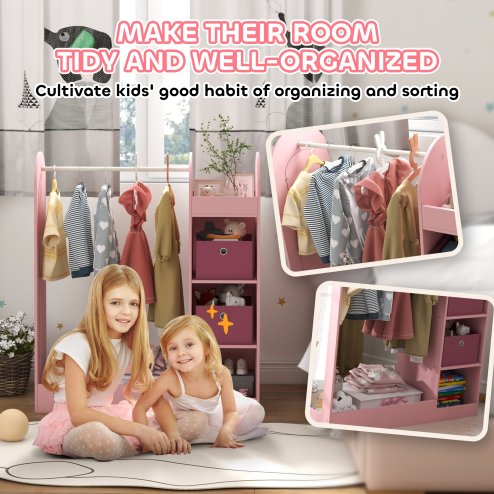 AIYAPLAY Kids Clothes Rail, Kids Dress Up Rail with Storage Shelf, Boxes, Mirror, Kids Wardrobe for Bedroom, Kids Room, Nursery, Pink
