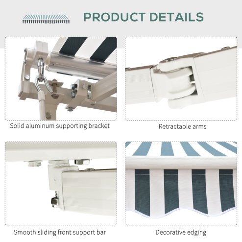 Outsunny 2.5m x 2m Garden Patio Manual Awning Canopy Sun Shade Shelter Retractable with Winding Handle Green and White