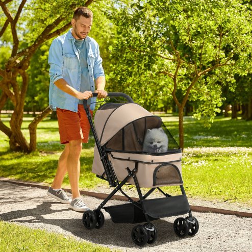 PawHut Dog Stroller, Pet Stroller, Foldable Dog Cat Travel Pushchair with Reversible Handle, EVA Wheels, Brake, Basket, Adjustable Canopy, Safety Leash, for Small Dogs, Grey
