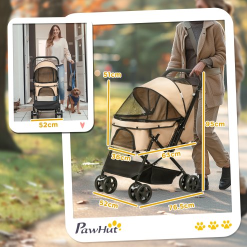 PawHut Dog Stroller, Pet Stroller, Foldable Dog Cat Travel Pushchair with Reversible Handle, EVA Wheels, Brake, Basket, Adjustable Canopy, Safety Leash, for Small Dogs, Grey
