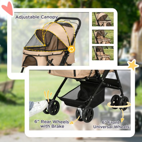 PawHut Dog Stroller, Pet Stroller, Foldable Dog Cat Travel Pushchair with Reversible Handle, EVA Wheels, Brake, Basket, Adjustable Canopy, Safety Leash, for Small Dogs, Grey