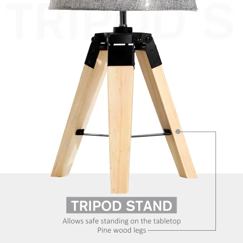HOMCOM Wooden Tripod Table Lamp for Side, Desk or End Table with E27 Bulb Base (Grey Shade)