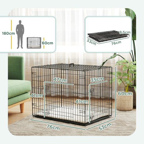 PawHut Dog Crate, Folding Metal Dog Cage with Two Doors, Tray, Soft Cushion, for Small Dogs, 76 x 53 x 60 cm, Black