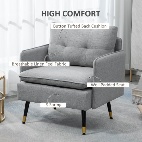 HOMCOM Modern One Seater Sofa, Button Tufted Armchair with Cushions and Steel Legs, Accent Chair for Living Room, Guest Room, Grey