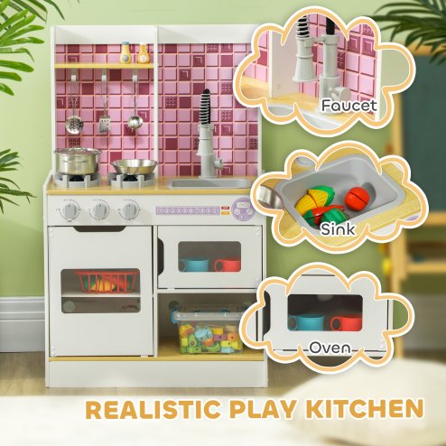 AIYAPLAY Kids Play Kitchen, Pretend Play Kitchen with Realistic Over, Stove, Sink, Kitchen Accessories, Cooking Playset with Light, Sound, for Ages 3+ Years, White