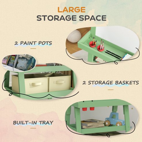 AIYAPLAY Art Easel for Kids with Paper Roll, 3 in 1 Kids Easel Double-Sided Magnetic Whiteboard and Chalkboard with Storage Baskets, for Children 3-6 Years - Green