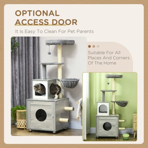 PawHut Cat Tower with Litter Box Enclosure, Cat Tree for Indoor Cats with Cat House, Scratching Post, Hammock, Grey