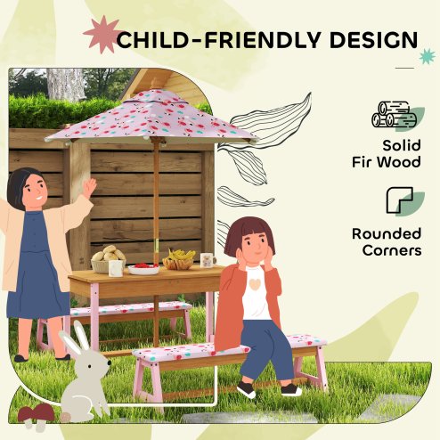 AIYAPLAY Kids Picnic Table, Wooden Children Garden Table and Bench Set with Removable & Foldable Umbrella, Cushions, Storage Boxes, Flamingo Theme Outdoor Furniture for Boys Girls, Pink