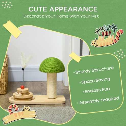 PawHut 26cm Cat Scratching Post, Mushroom-Shaped Cat Post with Toy Balls, Feather, Sisal Scratch Post for Indoor Cats - Natural tone and green