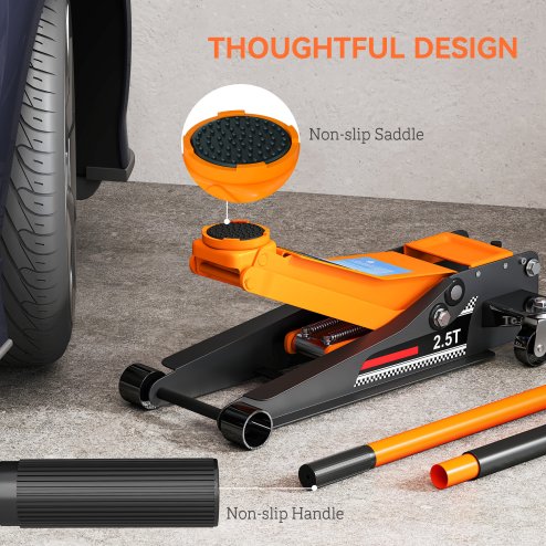HOMCOM 2.5 Ton Hydraulic Low Profile Floor Jack, Heavy Duty Car Trolley Jack Lift with 7.5-47cm Lifting Range, Dual Piston Pump, Wheels, Non-slip Handle for Car Van Garage Tyre Repair Change, Orange