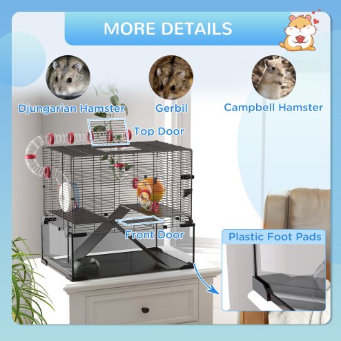 PawHut Large Hamster Cage, Gerbil Cage with Deep Glass Bottom, Tunnels, Non-Slip Ramps, Exercise Wheels, Water Bottle, Dish, 60 x 40 x 57cm