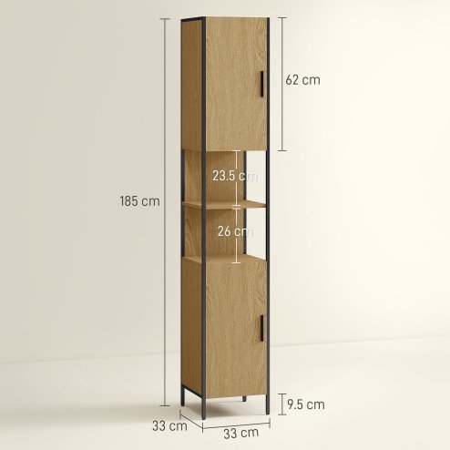 HOMCOM Tall Bathroom Cabinet, Slim Bathroom Storage Cabinet with 2 Doors, Open Compartments and Adjustable Shelves, Freestanding Storage Cupboard, 33 x 33 x 185 cm, Natural Wood Finish