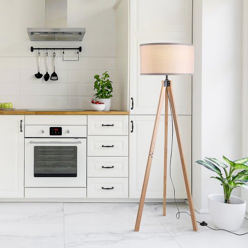 HOMCOM Floor Lamp with Elegant Wood Tripod, Free Standing E27 Bulb Lamp Versatile Use For Home Office - Beige