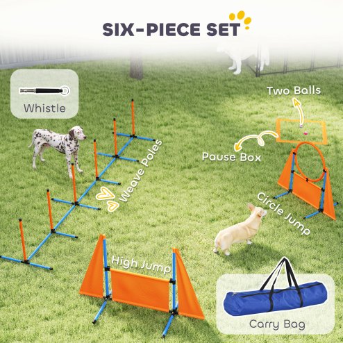 PawHut 6-Piece Dog Agility Equipment, Pet Agility Training Set with Weave Poles, Jump Ring, Hurdle, Pause Box, Obstacle Training Course Kit with Bag, Orange