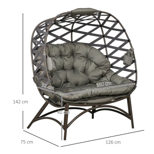 Outsunny Egg Chair Outdoor, 2 Seater Folding Weave Garden Furniture Chair with Cushion, Cup Pockets for Patio Balcony - Sand Brown