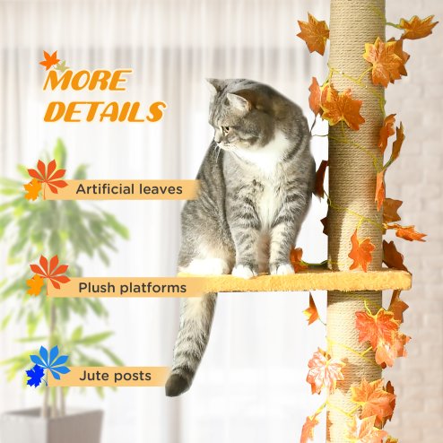 PawHut 242cm Floor to Ceiling Cat Tree for Indoor Cats with Leaves, Height Adjustable Cat Climbing Tower with Scratching Post, Anti-Slip Kit - Orange