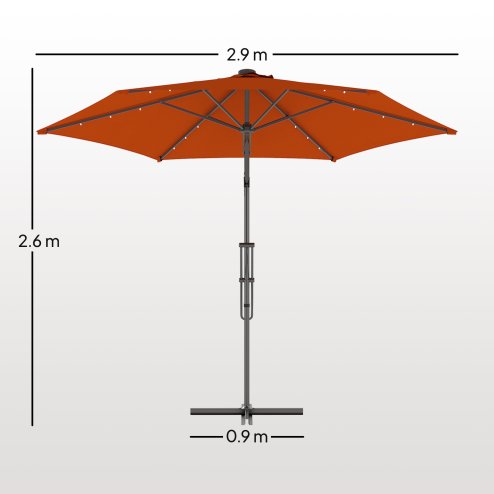 Outsunny 3(m) Cantilever Parasol with Solar LED and Easy Lever, Garden Parasol Umbrella with Cross Base and Waterproof Cover, Outdoor Sun Shades, Orange