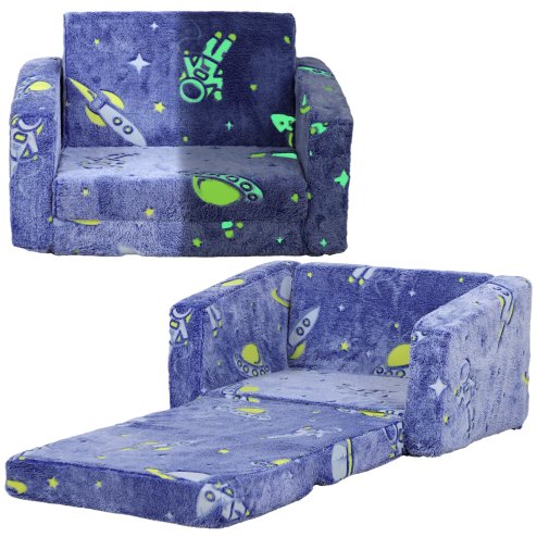 AIYAPLAY Kids Sofa Bed, 2 in 1 Kids Folding Bed Toddler Armchair with Glow in The Dark Cosmic Design, Washable Cushion and Cover, Convertible Kid Chair to Lounger for 1.5-3 Years Old, 1 Seater, Blue