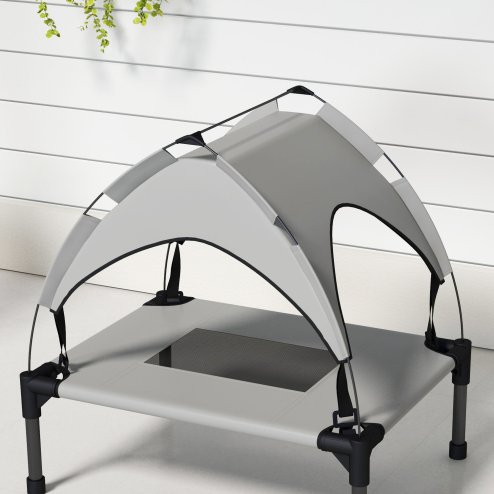 PawHut Cooling Raised Dog Bed, Elevated Pet Bed with Breathable Mesh, UV Protection Canopy, Foot Pads, for Indoor Outdoor, Mini, Small Dog, 61 x 46 x 63cm - Light Grey