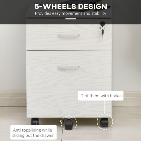 Vinsetto 2-Drawer Locking Office Filing Cabinet w/ 5 Wheels Rolling Storage Hanging A4 Cupboard Home Organisation White Wood Grain