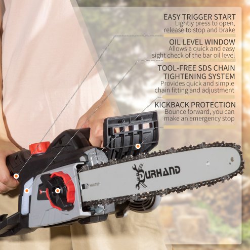 DURHAND 1600W Electric Chainsaw with 40cm Guide Bar, Power Saw to Cut Wood with Double Brake, Tool-Free Chain Tensioning and Chain