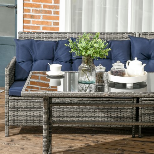 Outsunny 6 Pieces Rattan Garden Furniture Set, 8-Seater Garden Corner Sofa Set with 3 Loveseats, Glass Top Table, Footstools, Outdoor Conservatory Furniture with Cushions for Patio, Dark Blue