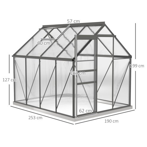 Outsunny 6 x 8ft Polycarbonate Greenhouse, Large Walk-In Greenhouse with Adjustable Roof Vent, Garden Green House with Galvanised Base, Sliding Door and Rain Gutter, Dark Grey
