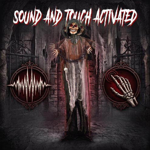 HOMCOM 170cm Animated Halloween Grim Reaper, Life-Size Halloween Animatronics with Moving Hands/Head, Glowing Eyes, Creepy Sound, Touch/Sound Activated for Covered Outdoor Yard