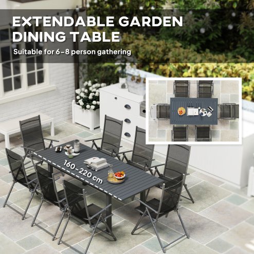 Outsunny Extending Garden Table, Full Aluminium Outdoor Dining Table with Slatted Top, for Patio, Balcony, 160/220 x 90 x 73 cm, Grey