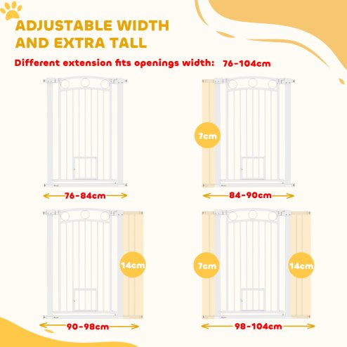 PawHut Dog Stair Gate 106cm Extra Tall Height, 76-104cm Adjustable Width Pressure Fit Safety Gate With Cat Door, 7cm and 14cm Extensions for Stairs, Doorways, Easy Installation, White