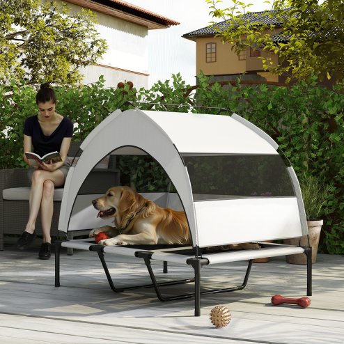 PawHut Elevated Dog Bed with Removable Canopy, Portable Cooling Raised Pet Cot with Breathable Mesh, Storage Bag, for Indoor Outdoor Use, for Large Dogs, 106 x 76 x 94 cm, Light Grey