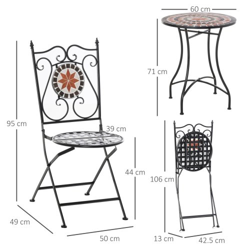 Outsunny 3 Pieces Garden Furniture Set, Bistro Set with 1 Ceramic Tile Round Table and 2 Foldable Chairs for Outdoor, Indoor, Patio, Balcony, Black