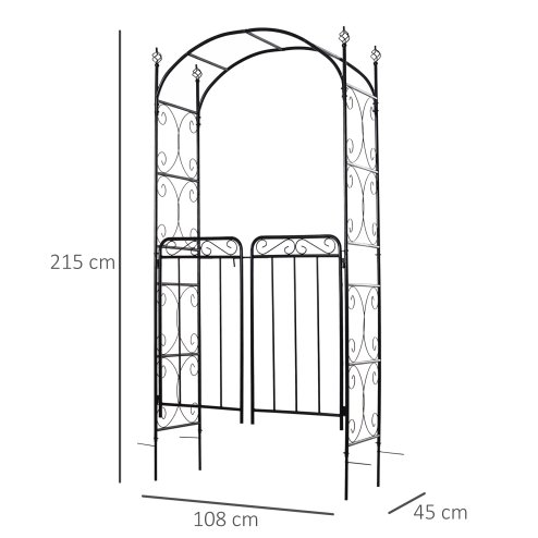 Outsunny Garden Decorative Metal Arch with Gate Outdoor Patio Trellis Arbor for Climbing Plant Archway Antique Black - 108L x 45W x 215Hcm