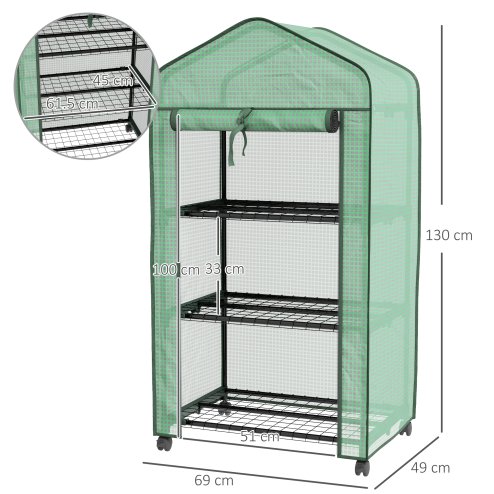 Outsunny 3 Tier Mini Greenhouse with Reinforced PE Cover and Wheels, Portable Small Greenhouse with Roll-up Door and Wire Shelves, 130H x 69W x 49D cm, Green