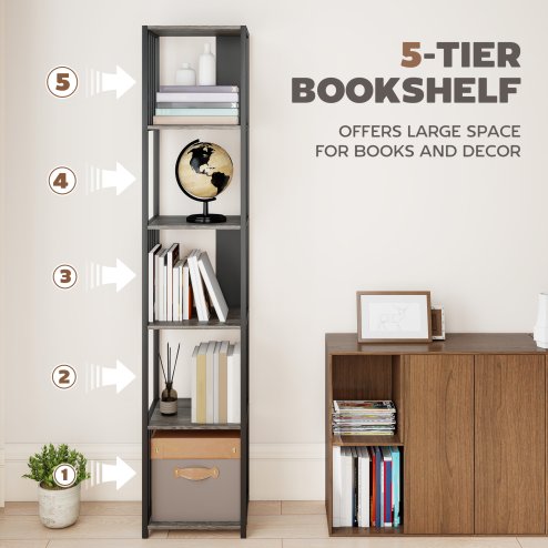 HOMCOM 5-Tier Bookshelf, Modern Tall Bookcase with Steel Frame, Freestanding Display Storage Unit for Living Room, Bedroom, Study, Home Office, Grey