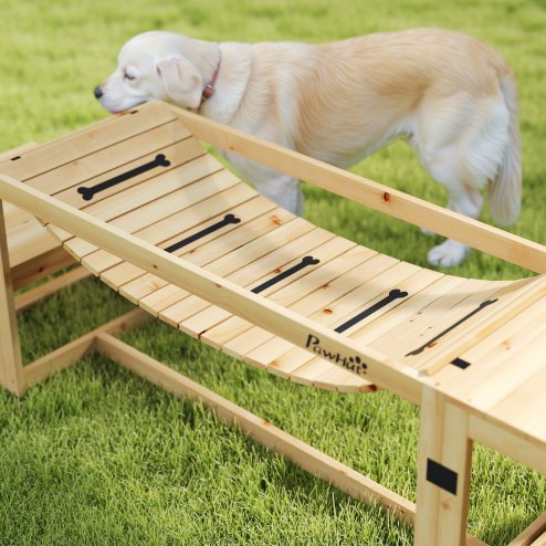 PawHut Dog Agility Equipment 3 Pieces Wooden Dog Agility Set with Soft Bridge, Pause Platform and Pet Stair for Outdoor, Natural Wood