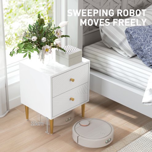 HOMCOM Bedside Table with 2 Drawers, Modern Side Table with Curved Line Panels and Metal Legs for Bedroom, Living Room, White