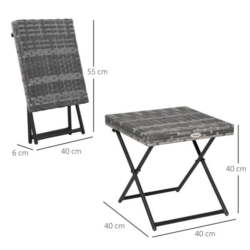 Outsunny Folding Rattan Garden Coffee Table, Small Square Outdoor Bistro Side Table with Rattan Top for Patio, Balcony, Porch, 40 x 40 x 40 cm, Grey