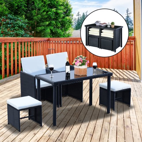 Outsunny 2 Seater Rattan Cube Garden Furniture Set, Rattan Dining Set with Cushions, Outdoor Dining Table and Chairs with 2 Armchairs, 2 Stools, Rectangular Glass Top Table for Patio, Balcony