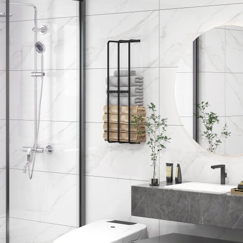 HOMCOM Towel Rack Wall Mounted, Metal Towel Rail Holds Up to 6 Large Size (150 x 100cm) Rolled Towels, 3 Bar Towel Storage for Bathroom, 21 x 12 x 74cm, Black