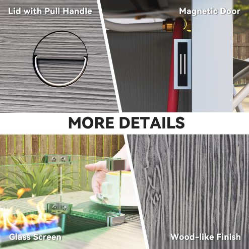 Outsunny Propane Gas Fire Pit Table for Garden, 40000 BTU Smokeless Firepit Outdoor Heater with Waterproof Cover, Glass Screen, Glass Beads and Lid, Wood Effect, 71 x 71 x 62.5cm, Dark Grey