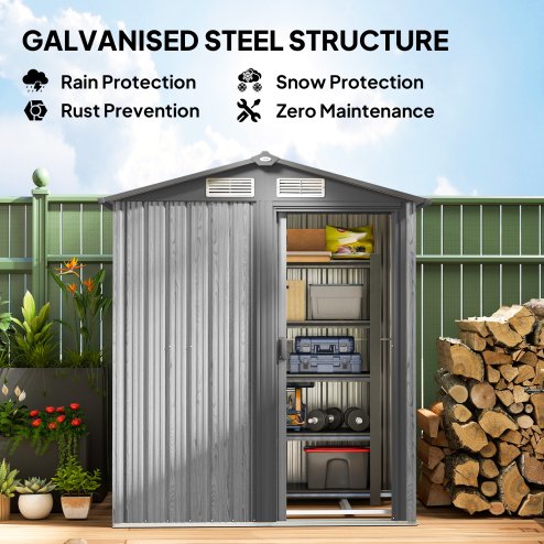 Outsunny 5ft x 4ft Garden Shed, Metal Tool Storage Shed with Sliding Door, Sloped Roof and Foundation Kit for Garden, Patio, Grey Wood Effect