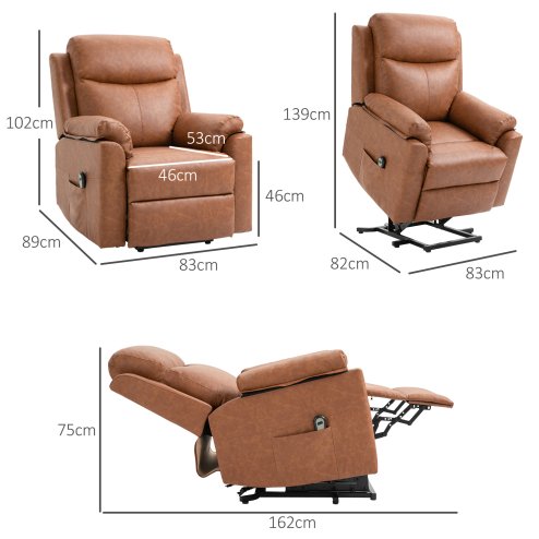 HOMCOM Power Lift Recliner Chair, Electric Lift Chair for Elderly, Overstuffed Faux Leather Riser and Reclining Armchair with Remote Control, Side Pockets, for Living Room, Brown