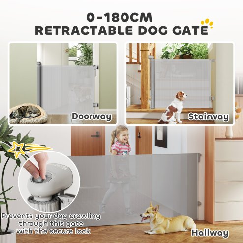 PawHut Retractable Stair Gate for Dogs, Extra Wide Dog Gate Extends Up to 180 cm Wide, 86.5 cm Tall, for Doorways, Stairways, Hallways, Indoor and Outdoor, Grey